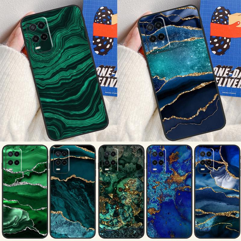 Gold Indigo Faux Malachite For Oppo A40 A60 A80 A18 A38 A58 A78 A98 A79 A16 A76 A96 A15 A74 A94 A54 A77 A17 Phone Case