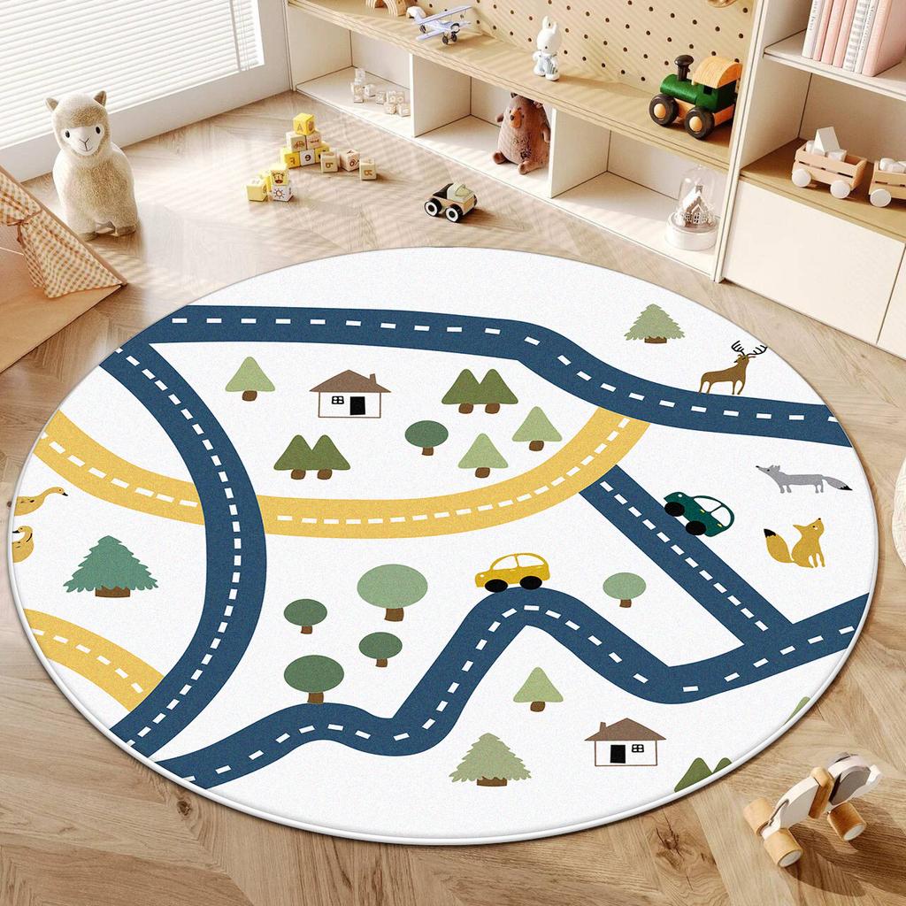 Children Round Carpet Living Room Cute Home Decoration Washable Road Play Rug Bedroom Bedside Antiskid Baby Crawling Mat Floor