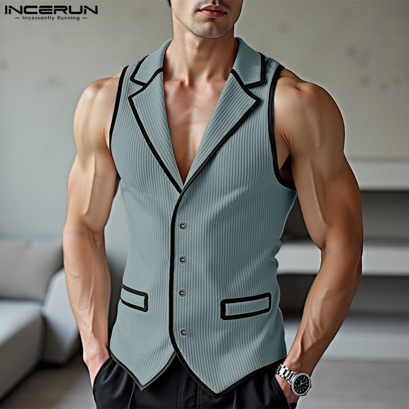 INCERUN Fashion Men Lapel Neck Sleeveless Stitching Buttons Casual Slim Thin Waistcoat Tops
