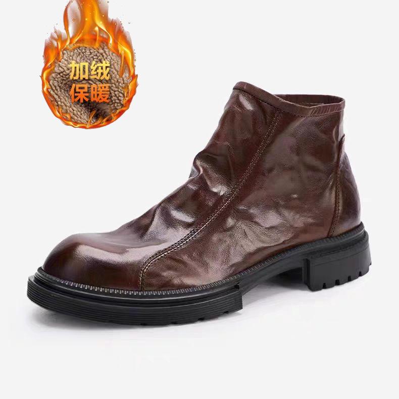 Thick Soled Men's Boots Side Zippers Leather Boots Men's Chelsea Boots Trendy Luxury Handmade Black Leather High-Top Men's Shoes