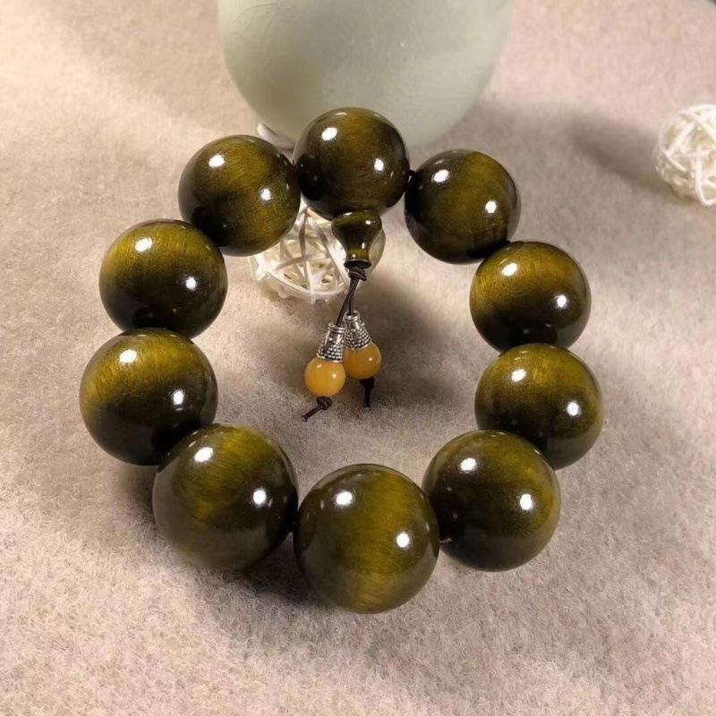 Gold-Veined Phoebe Wood Wenwan Bead Bracelet - Dark Wood, Water Ripple Pattern, Unisex, 2.0 Size.