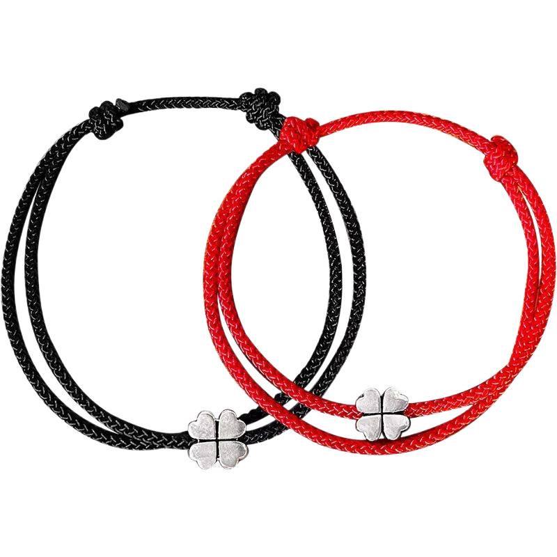 Red String Lucky Clover Bracelet - Woven Hand Rope for Couples, Besties, Students; Symbol of Peace and Harmony.