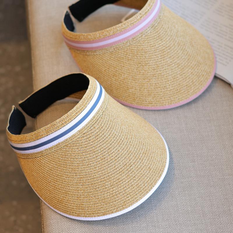 Contrast color cloth edge~ ins fashion empty top straw hat women's seaside outing big brim sun protection cap summer
