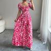 New printed puff-sleeved square collar lace-up waist elegant dress for women