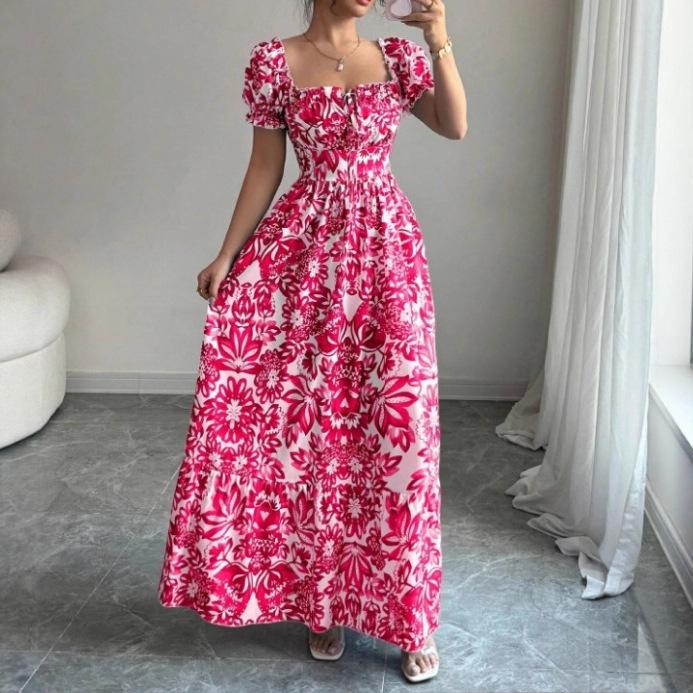 New printed puff-sleeved square collar lace-up waist elegant dress for women
