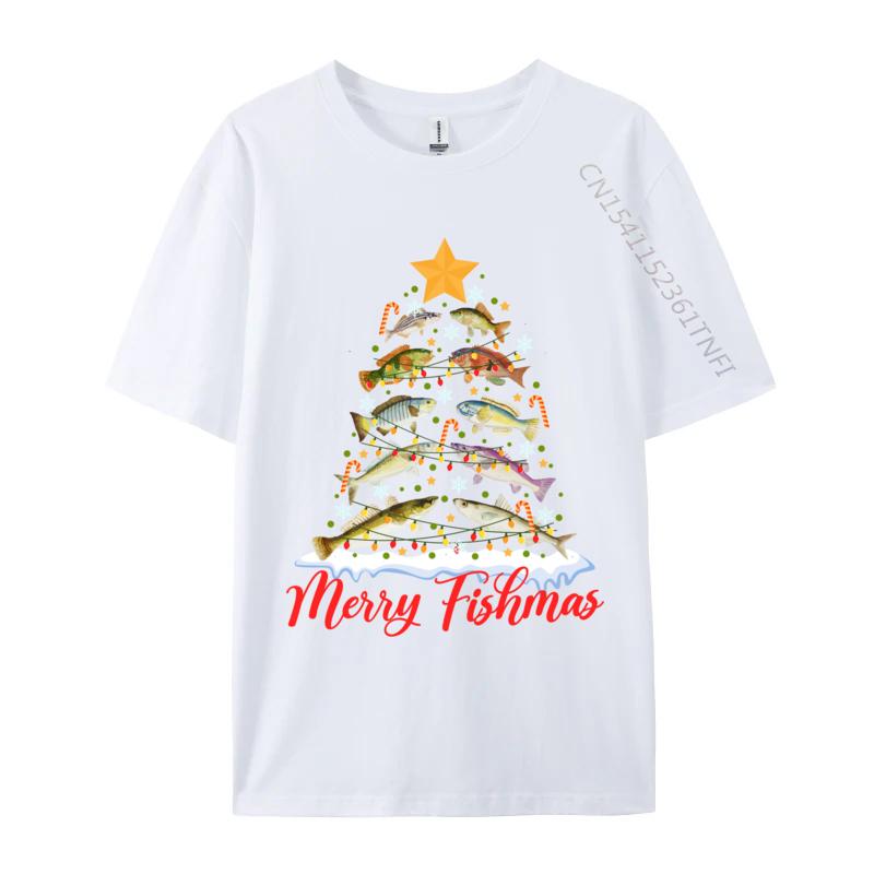 Merry Fishmas Funny Christmas Tree Lights Fish Fishing Rod T Shirt Cotton Fabric Design Tshirts Drop Shipping S