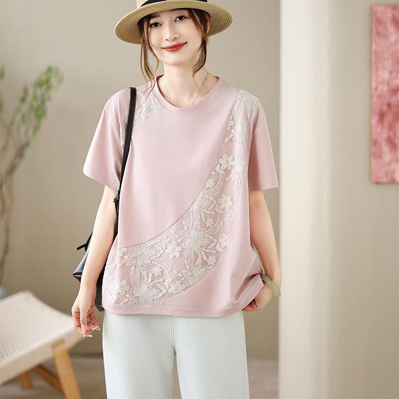 

DIMANAF 2026 Plus Size Summer Women T-Shirts Casual Lady Tops Tunic Lace Shirt Oversize Loose Tees Cotton One size