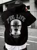 Vintage Streetwear Hip Hop Sport Sweatshirt for Men, Balaclava Mask & Letter Slogan Back Printing, Loose Daily Hooded Topv