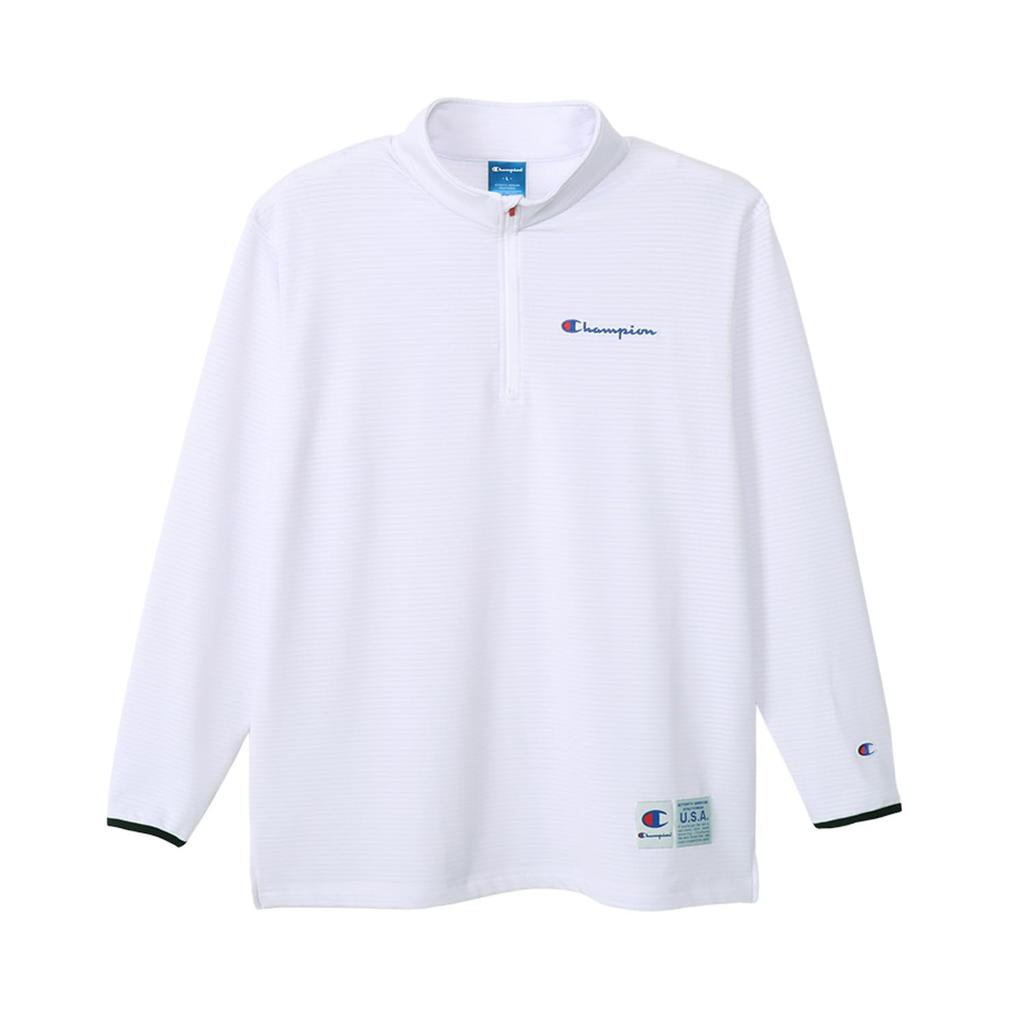 Champion White Long Sleeve Basketball Script Men's T-Shirt, Quick-Drying, Stretch, Antibacterial, Odor-Resistant, Warm, Logo, Half-Zip, C3-YB456