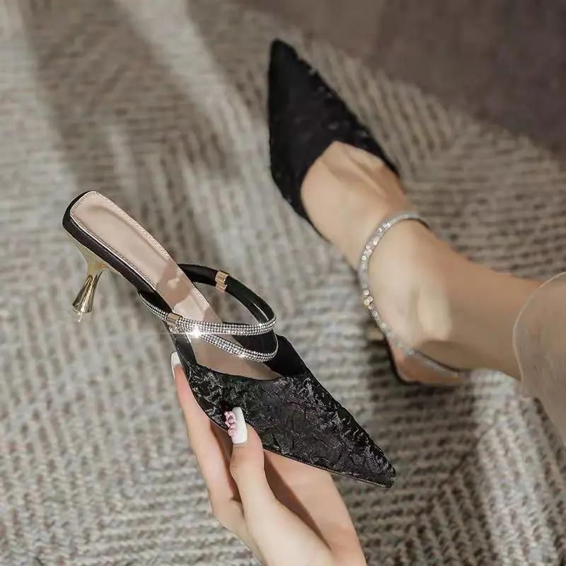 Fashion Women's Shoes Outdoor Pumps Sandals for Woman Footwear Pointed Toe Summer 2024 Thin Heels Rhinestones F H Shoe Asian Size Luxury