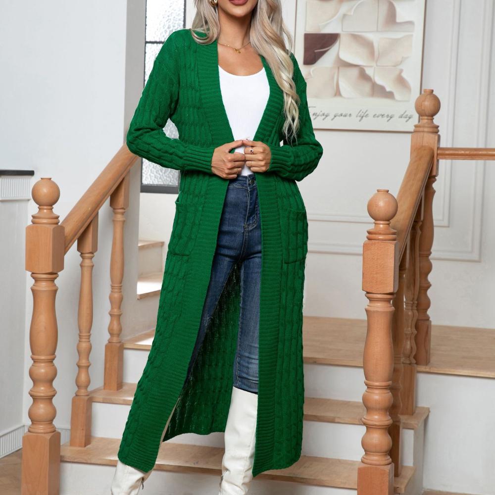 IHUASU Women's Autumn and Winter Twisted Pocket Long Knitted Cardigan Sweater