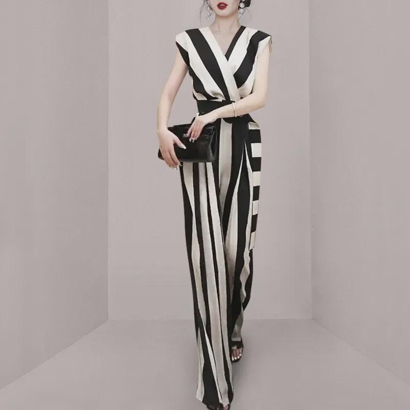 Sleeveless V-Neck Striped Jumpsuit with Waist Belt