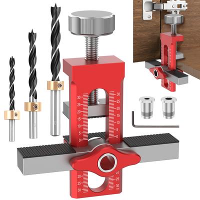 Adjustable Cabinet Hinge Jig Aluminum Alloy Drilling Jig with Drill Bits Cabinet Door Hinge Hole Punch Locator Woodworking Tools