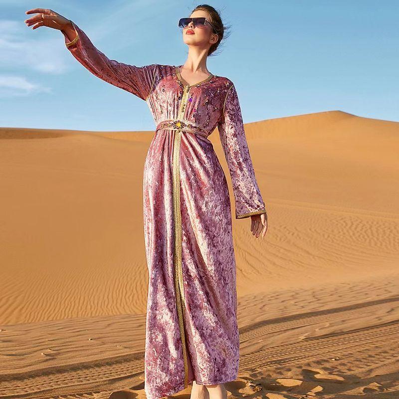 

New Arrival Fashion Elegant Palace Style Luxury Hand-Stitched Diamond Dress Women s Hand-Sewn Drill Dress Lotus root powder color XL