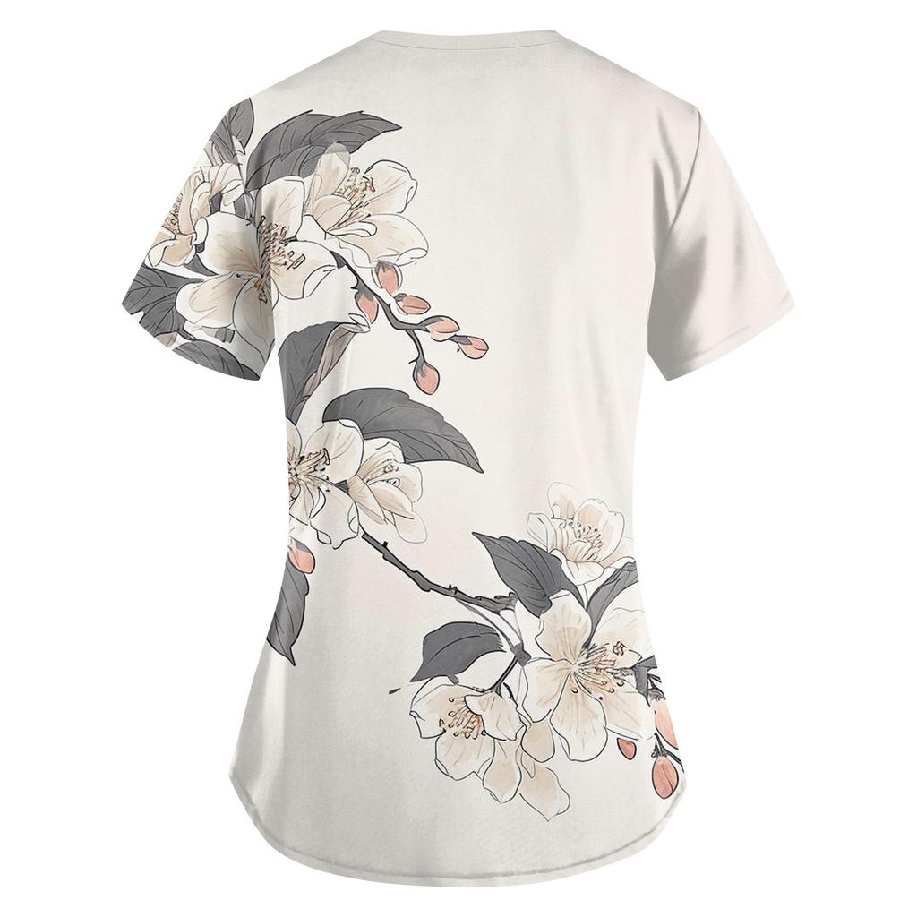 Women's Cute Printed Work Clothes V-neck Double Layer Pockets Basic Short Sleeve Top Pullover Valentines