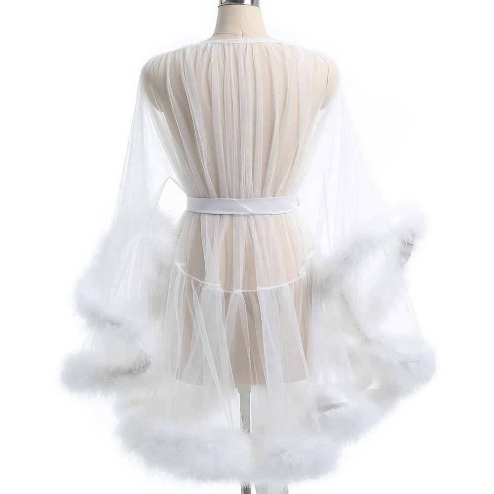 Sexy transparent mesh robe, bathrobe, nightgown, perspective loungewear, fluffy splicing sleeves, medium and long coat.