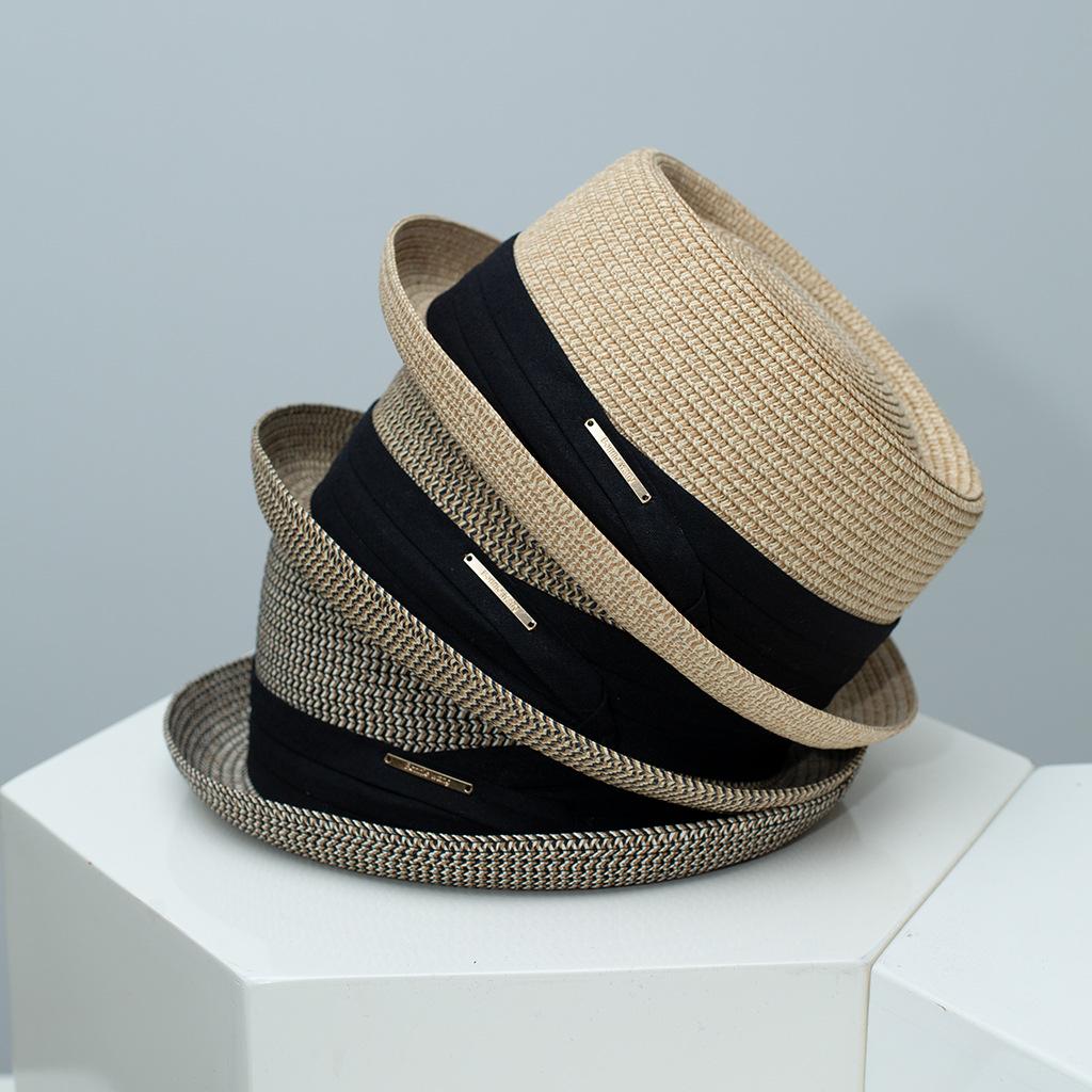 My Extreme Outdoor Activities Women's Black/Beige French Elegant Straw Concave Crown Fedora Summer Casual Wide Brim Sun Hat, Beach Vacation Uv Protection Cap 54-58Cm