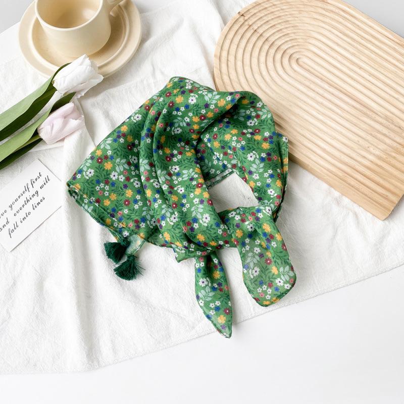 Small Fresh And Sweet Silk Scarf Square Scarf High-End Cute Style With Cotton And Linen Small Square Scarf Women'S Scarf Fringed Pendant