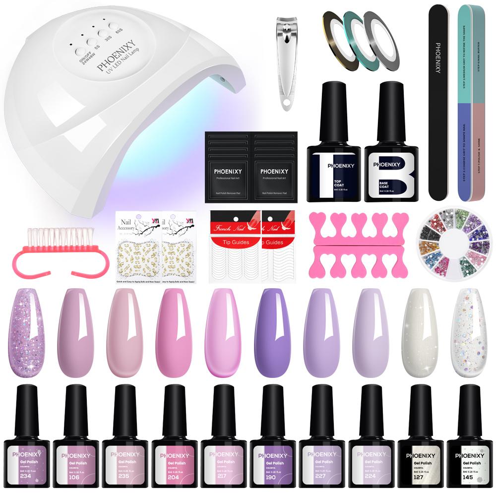 PHOENIXY 10Colors Gel Nail Polish Nail Dryer 48W UV LED Lamp Soak Off Gel Varnish Manicure Set and DIY Nail Art Decoration Tools
