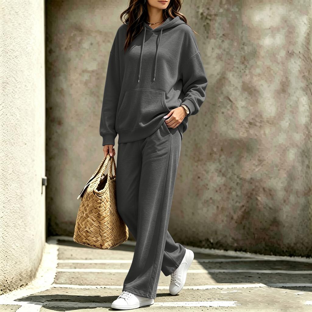 Women's Casual Hooded Sweatshirt and Pants Set with Pockets for Fall and Winter
