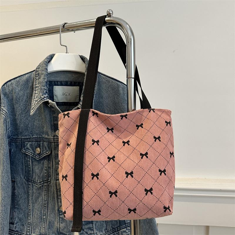 

Bow Pattern Commuting Bag Corduroy Handbag Large Capacity Women Tote Bag Multi-pockets Fashion Shoulder Bag ARI 24x10x25cm