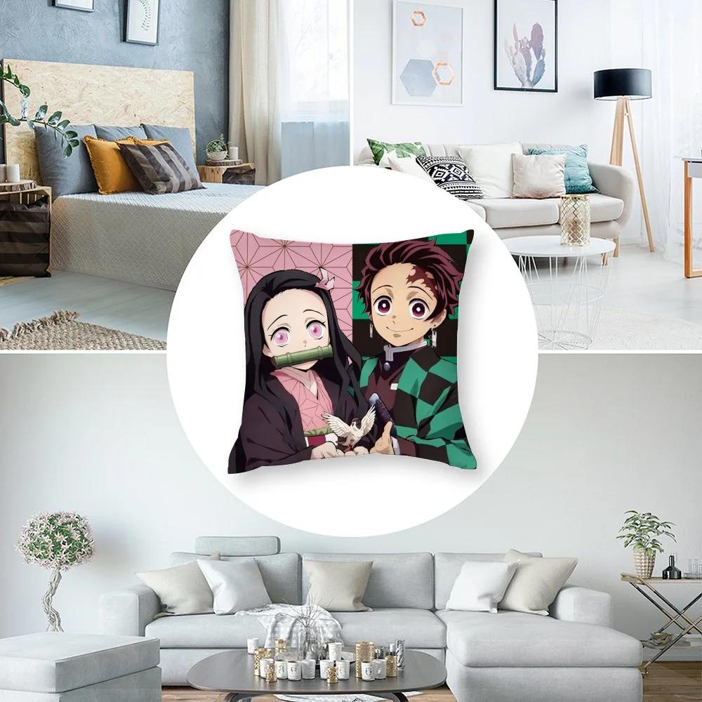 Anime Demon Slayer Kamado Tanjirou Kamado Nezuko Pillow Case Short Plush Sofa Decorative Gift Home Double-sided Printing Cushion