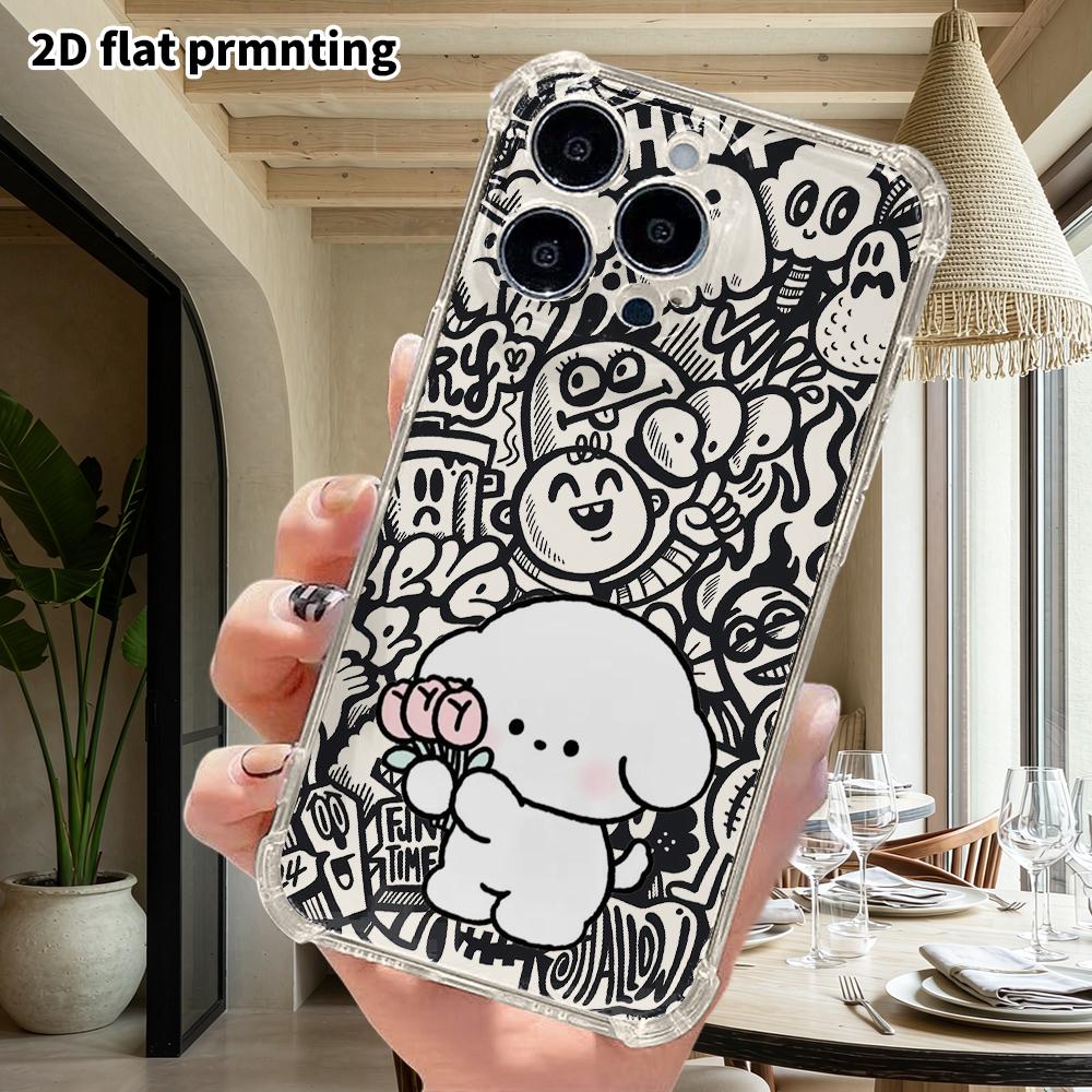 Phone Case: 2D Flat Suitable for iPhone 18 17 16 15 14 13 Pro, Transparent Four Corner Protective Case, White Puppy, Christmas and Halloween Gift