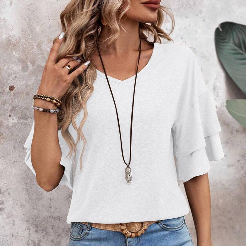 Ladies Summer Two Layer Short Sleeve  V Neck Solid Color Pullover T Shirt Top