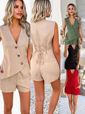 Conjunto de Chaleco Irregular con Cuello en V y Shorts Verano 2025 para Europa y América
