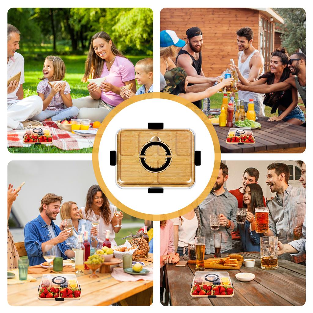 6-Grid Meat Fruit Serving Tray Bamboo Charcuterie Plate with Transparent Lid Divided Food Tray Kitchen Accessories for Camping