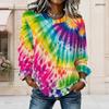 Women Plus Size Round Neck Long Sleeve Rainbow Tie Dye Printed Curved Hem Top