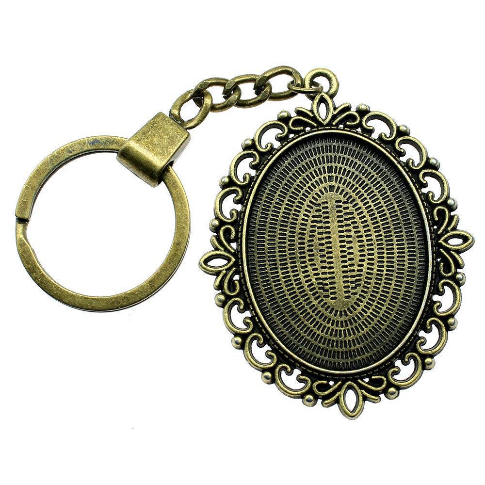 Heart Elliptical Glass Cabochon Base Setting Tray Blank Antique Bronze Metal Keychain for Family Gift