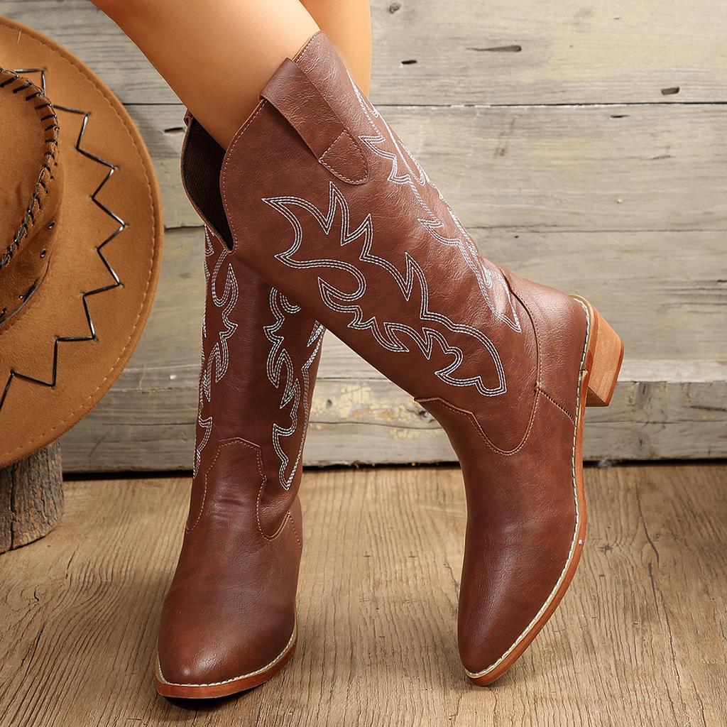 Fashion Plus Size 43 New Women's Embroidered Western Knee High Boots Cowboy Cowgirl Boots Chunky Heel Platform Boots Women Western Shoes