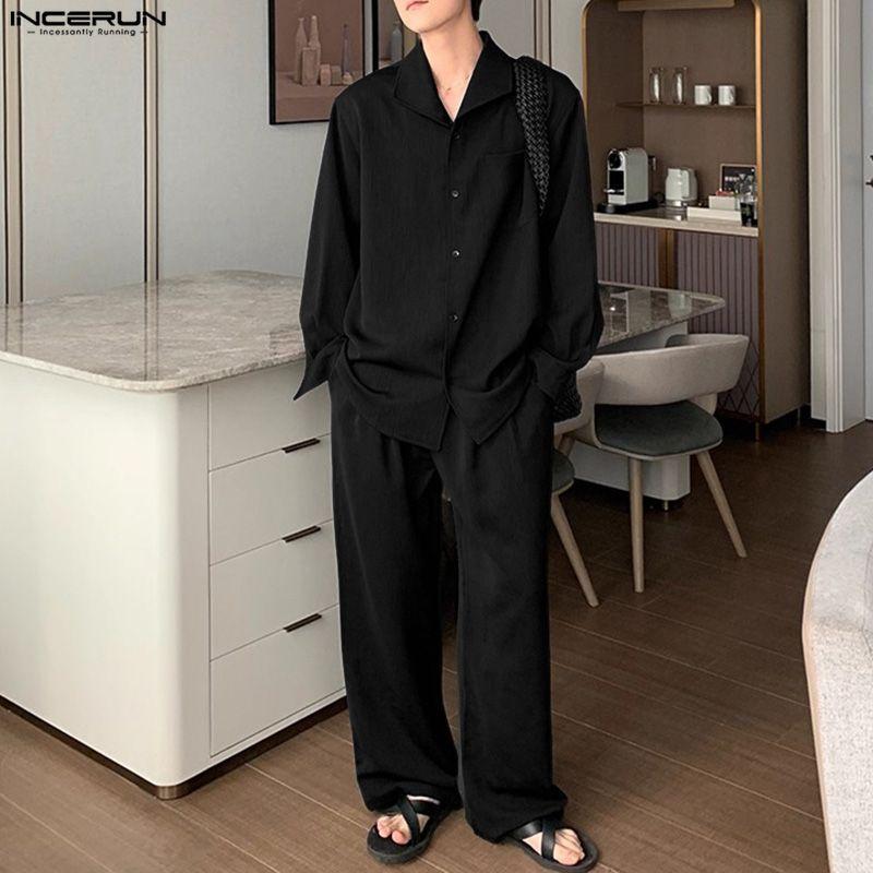 INCERUN 2PCS Men Lapel Neck Long Sleeve Shirts and Elastic Waist Pants Sets Suits