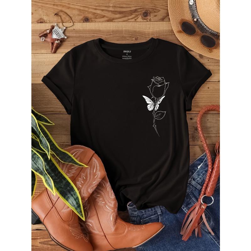 

European sizes Rose Print Crew Neck T-shirt, Casual Short Sleeve Top For Spring & Summer, Women s Clothing 4XL чорний