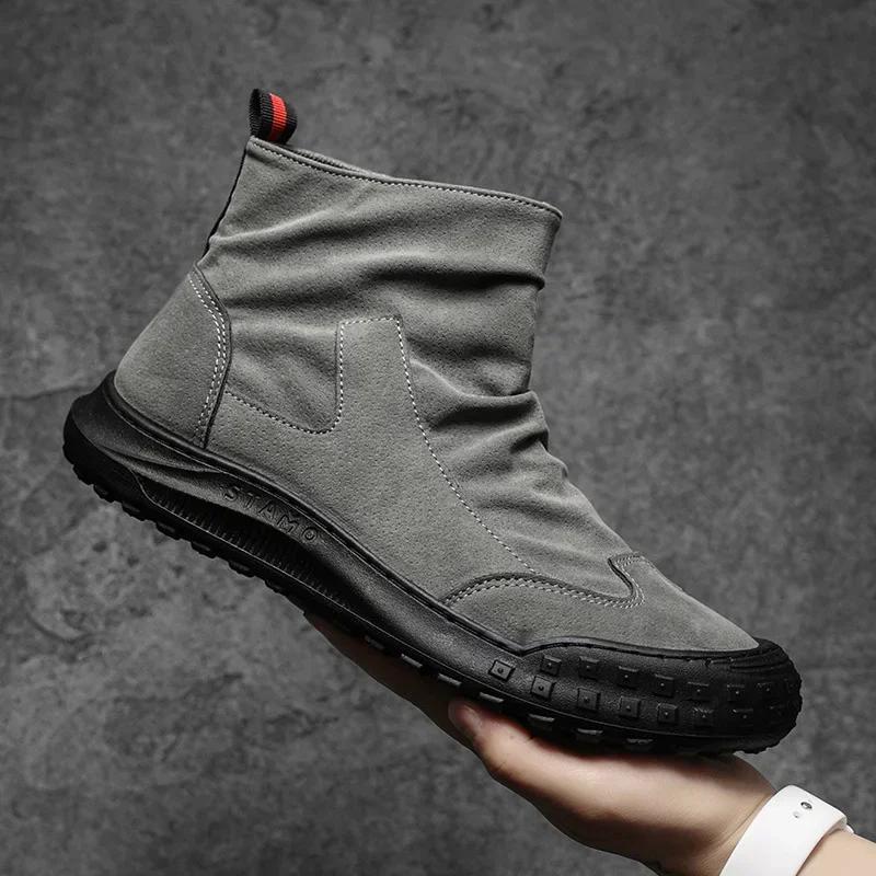 Fashion Mens Boots High Cut Workwear Shoes for Male Autumn Flat Zipper Pleated Non Slip Comfort Thick Soled Wear-resistant Fashion Boots