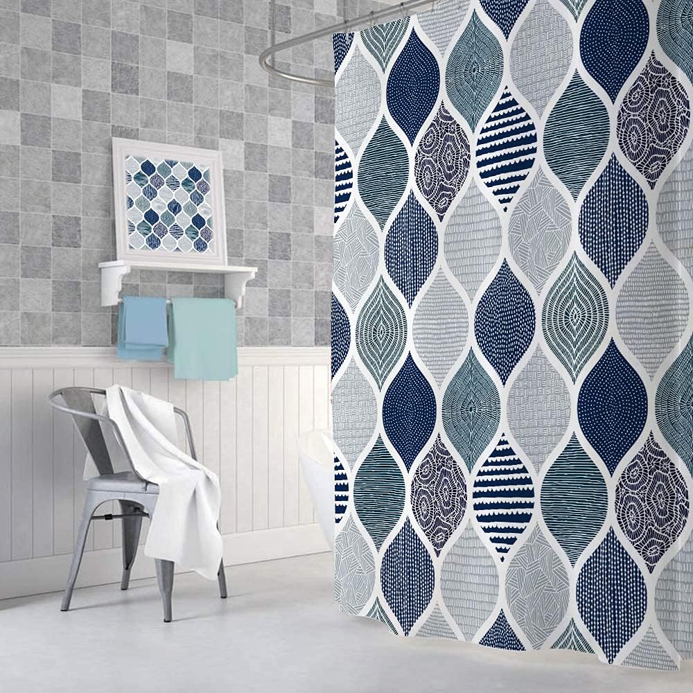 DYNH Boho Blue and Grey Shower Curtain for Bathroom, Dark Navy Blue Gray Geometric Stall Fabric Shower Curtains Set, Modern Fun Paisley White