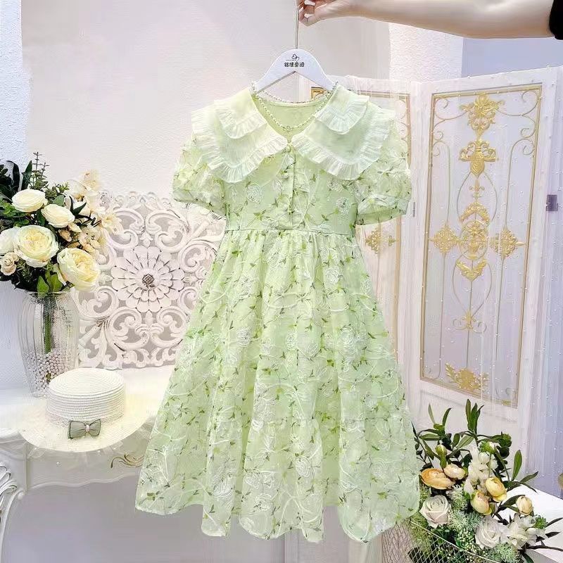 Girls Summer Floral Chiffon Dress Big Kids Elegant Princess Dress Sweet Children Clothing 100cm