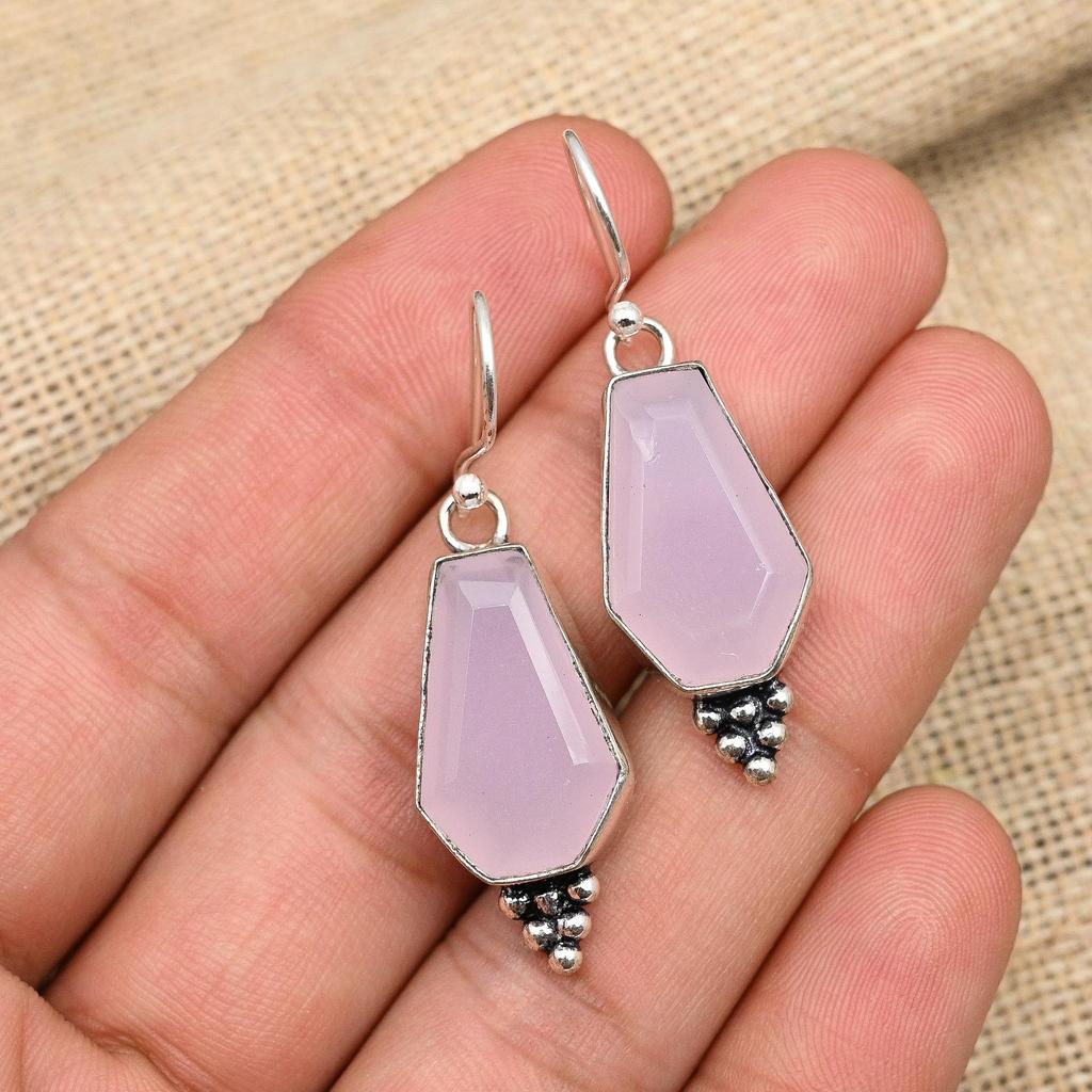 Pink Chalcedony Gemstone Handmade 925 Sterling Silver Earring Jewelry For Love