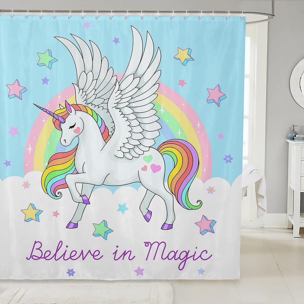 Gradient Purple Shower Curtain, Rainbow Unicorn Bath  Glitter Stars, Waterproof Curtains, Dreaming Cartoon Bathroom Deco