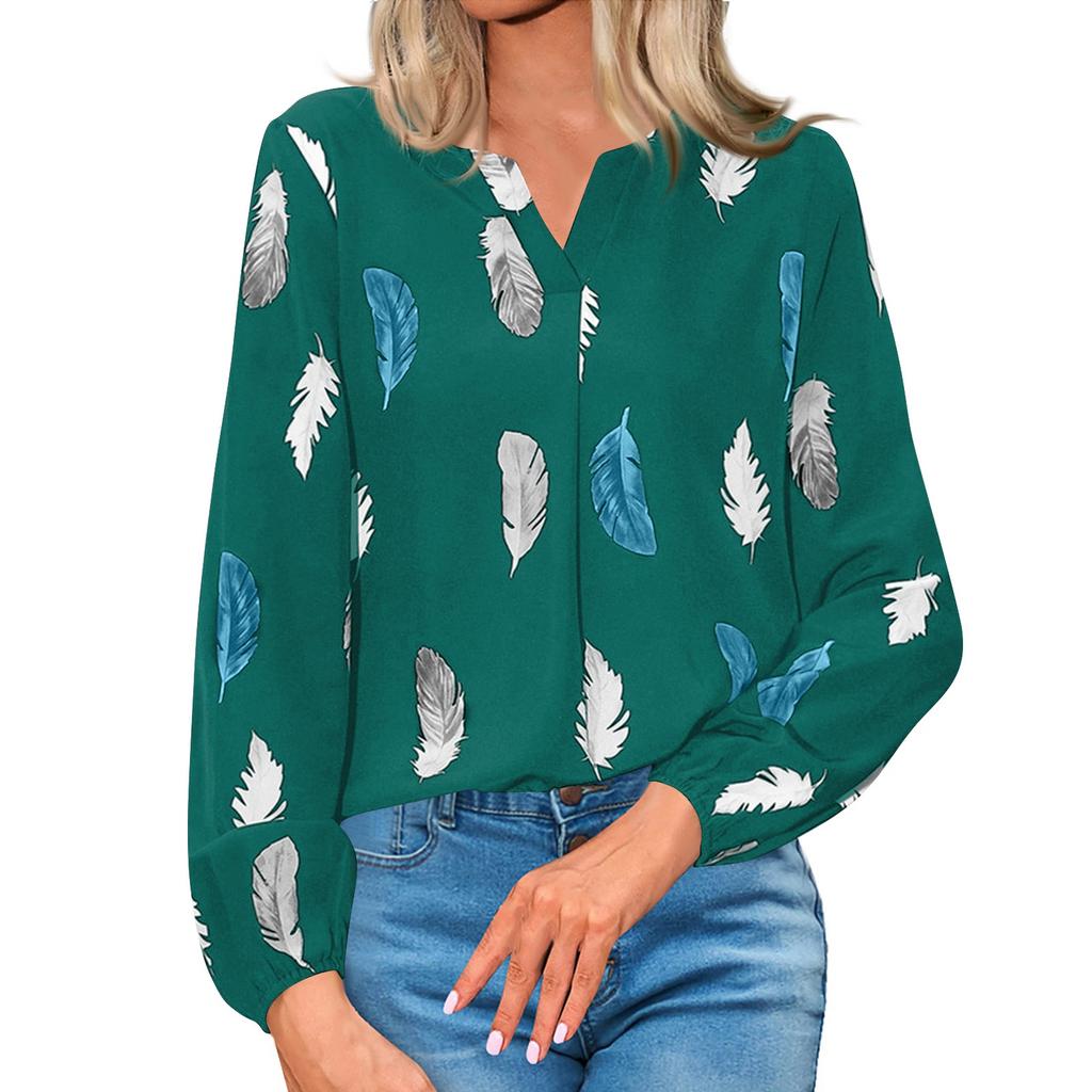 Women's Fashion Loose V-Neck Feather Print Long Sleeve Pullover Shirt Top