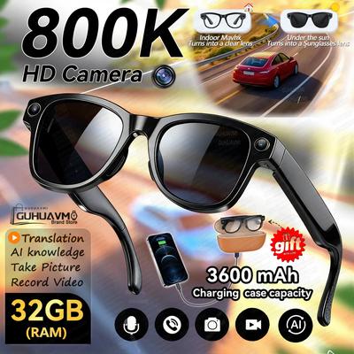 Nouvelles Lunettes Intelligentes IA Caméra HD 800W Pixel Enregistrement Vidéo Lunettes de Soleil Sportives Extérieures Traduction Appel Vocal Lunettes Bluetooth Lecture Musique Mémoire 32 Go