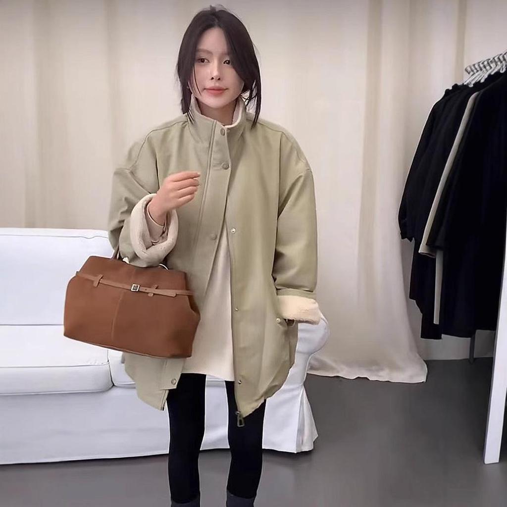 Women's 2024 Winter Stand Collar Lambswool Patchwork Coat - Loose, Versatile, and Warm Mid-Length Quilted Cotton Jacket