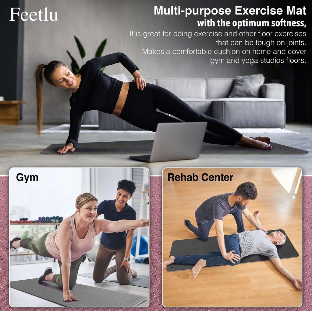 Feetlu Thick Yoga Mat with Straps inch Popular Thick Yoga Thick Stretching Pilates Mat 2/5 (10mm) - Mat, Mat, (Black/Gray)