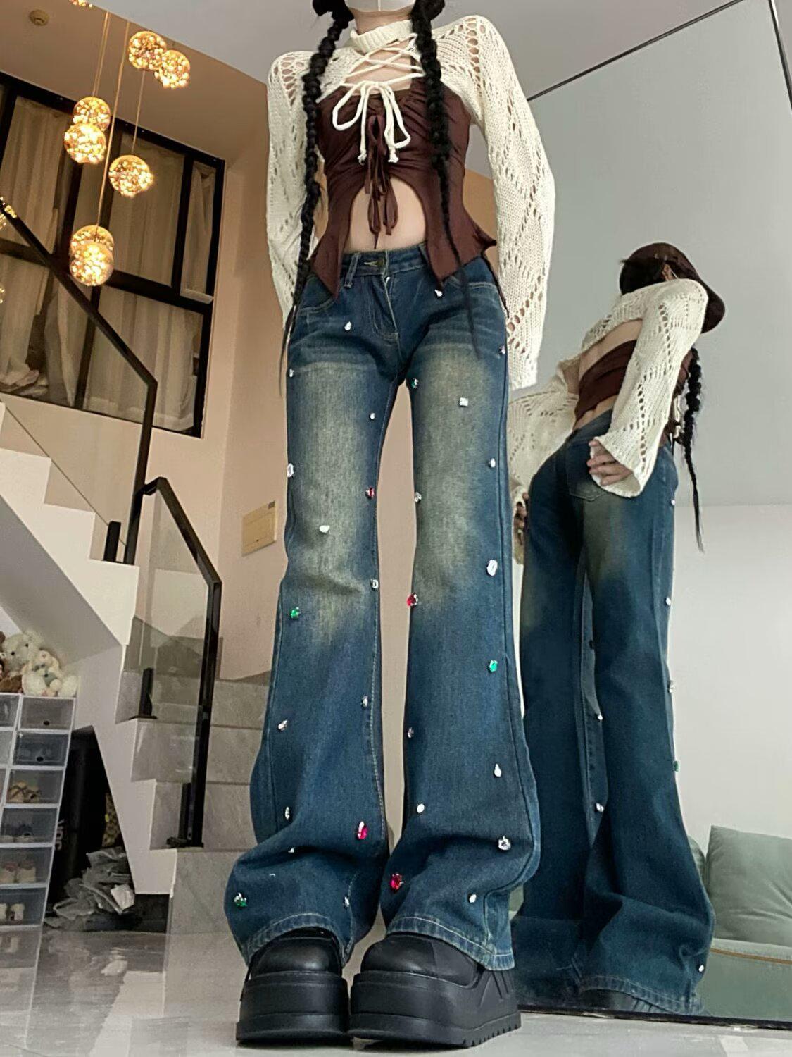 

Women s Low Waist Slimming Retro Flare Jeans with Diamond Design - Casual Straight Leg Pants for Spring and Autumn M