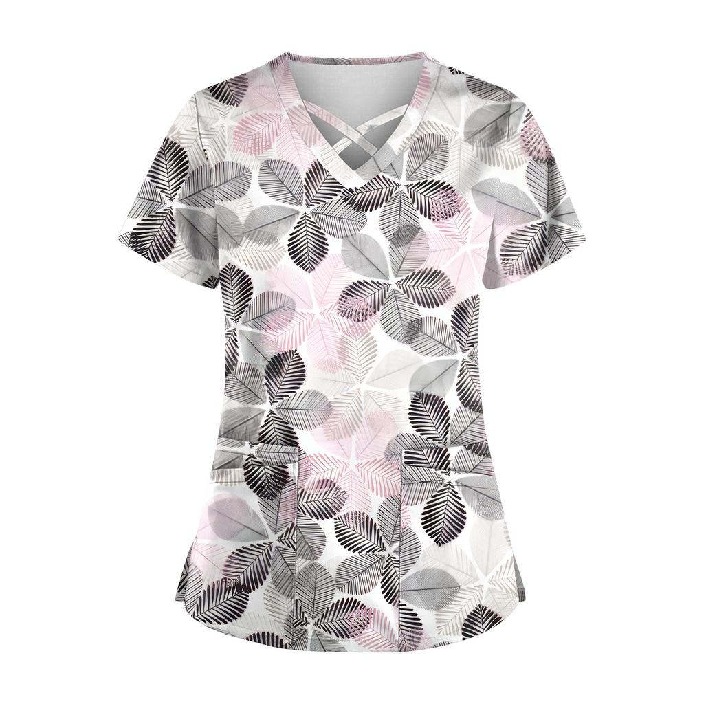 Plus SizePrinted Scrub Working Uniform Tops para mulheres Cross V-neck Halloween Print manga curta camisetas divertidas Workwear Tee com bolsos