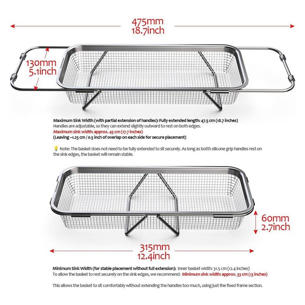 Extendable Stainless Steel Sink Drain Basket Multi-purpose Space Saving Sink Rack For Dry Dishes Fruit Vegetable Storage Rack