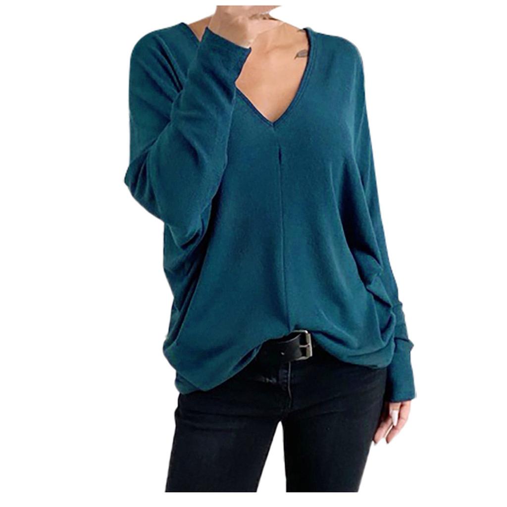 Women Fashion Casual Solid V-Neck Loose Long Sleeve T-shirt Top Blouse Pullover