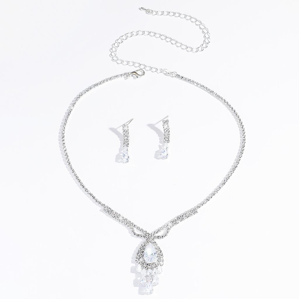 Full Diamond Zircon Stud Earrings Necklace Two-Piece Set Cold Wind Collarbone Chain Light Luxury High-End Jewelry Set