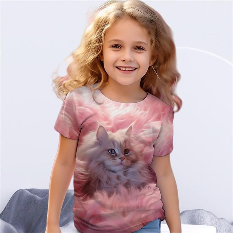 Dziecięce kreskówkowe koszulki z nadrukiem słodkiego kociaka, modne, miękkie i wygodne
